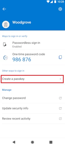 The Create a passkey option in Authenticator on Android.