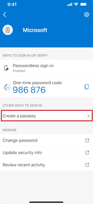 The Create a passkey option in Authenticator on iOS.