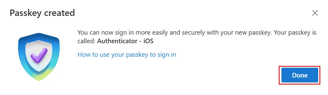 Passkey created confirmation with a Done button.